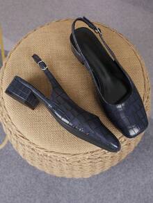 2026 女士格纹压花蓝色方头无后跟套脚鞋，3厘米低方跟单带百搭通勤时尚鞋 - 藍色 - 查看 1