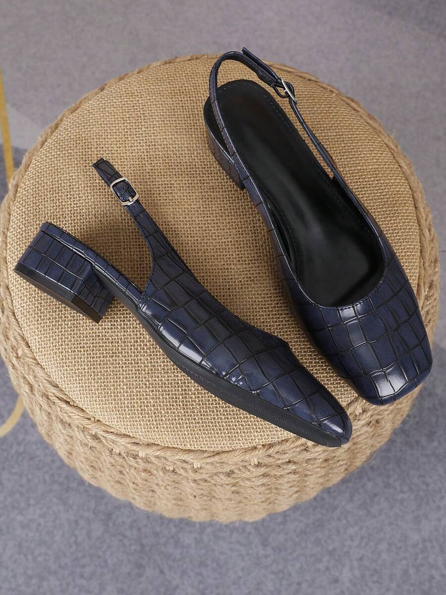 2026 女士格纹压花蓝色方头无后跟套脚鞋，3厘米低方跟单带百搭通勤时尚鞋 - 藍色 - 查看 1