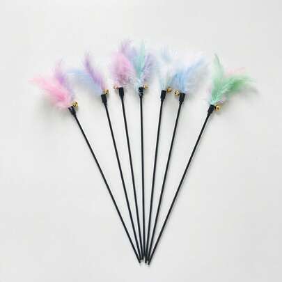 1 chiếc cần câu đồ chơi cho mèo, màu Macaron, có chuông và lông vũ.