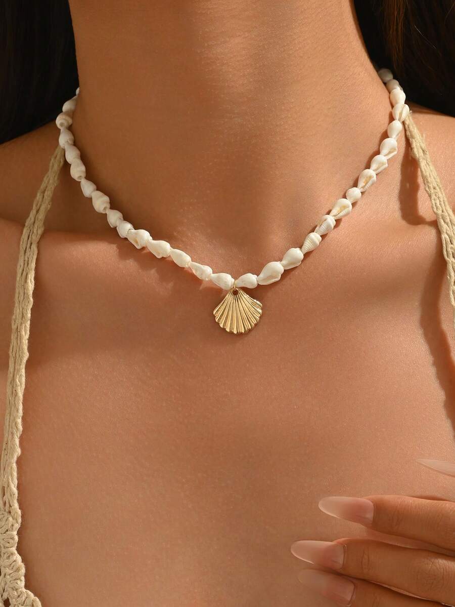 1件手工贝壳串珠项链，贝壳吊坠项链，贝壳，海洋风贝壳吊坠编织项链，欧美风格项链 - 白色 - 查看 1