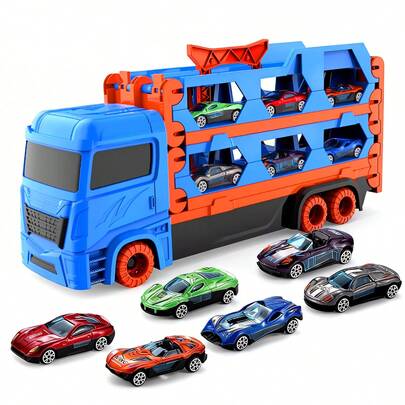 UINLE Baby 1pc Transformable Folding Track Carrier Truck With 6 Alloy Mini Cars, 2-In-1 Play, Transport & Storage Truck, Foldable Track Carrier Truck, Children's Toy Birthday Gift, Boys' Gift Dual Track, Kids Toy, Kids Car