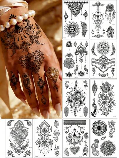 10pcs Full Hand Flower Design Black Sexy Foot Finger Tattoo Stickers, Women Floral Nail Tattoo Stickers, Waterproof Temporary Tattoo Stickers, Brown Tattoo Stickers, Women Body Art Stickers, Wedding Party Black Tattoo Stickers, Party Tattoo Stickers