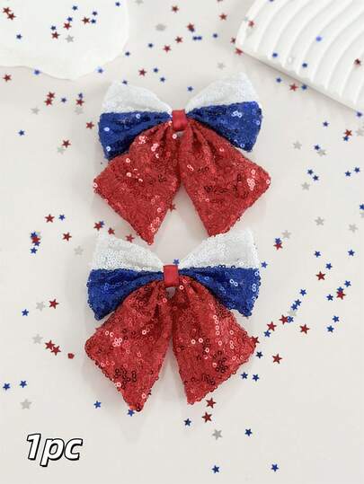 1个美国建国250周年纪念发夹，阵亡将士纪念日爱国闪亮蝴蝶结发夹，红白蓝配色，适合扎马尾辫、参加派对、日常佩戴