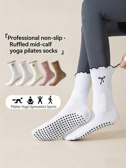 5 đôi tất nữ, tất tập Pilates và Yoga, tất nữ cao đến bắp chân, tất thể thao chuyên nghiệp chống trượt, có ren và nơ, thích hợp cho tập thể dục trong nhà.