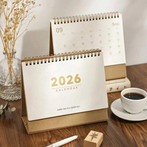 1 buah Kalender Minimalis 2026 - Desain Putih & Cokelat Elegan, Perencana Bulanan, Organizer Meja Ringkas untuk Rumah, Hadiah Sempurna untuk Profesional & Mahasiswa, Kalender untuk Kantor, Perencana Pelajar, Alat Tulis Modern, Buku Spiral, Perencanaan Rumah,