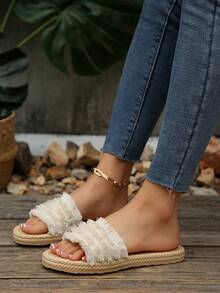 女士新款夏季流苏编织单带凉鞋，EVA材质轻便舒适假日沙滩拖鞋 - 米色 - 查看 4