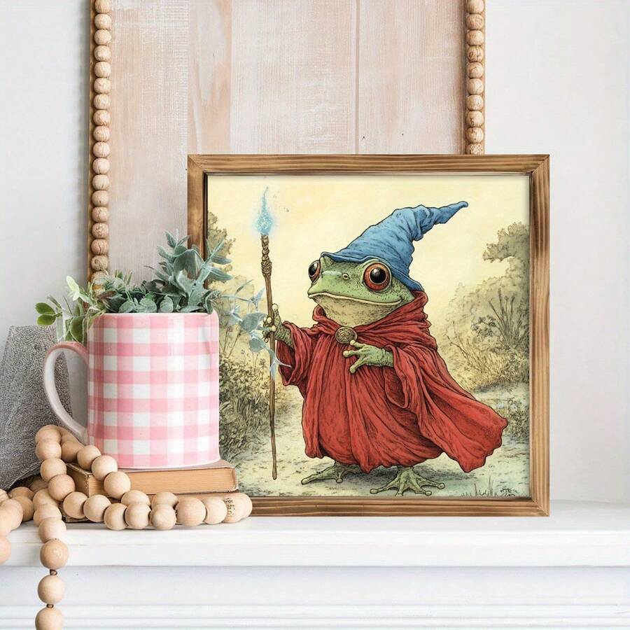 Quirky Frog Wizard Wooden Frame Sign - Rustic Vintage Decor With Magical Frog Illustration, 8x 8inch Handmade Wall Art, Suitable For Entryway, Living Room, Kitchen, Bedroom - Unique Housewarming Gift, Home Decor Display, Entryway Artwork | Vintage Wall Sign | Handicrafts, Frog Garden Decoration - 1PC - Xem 1