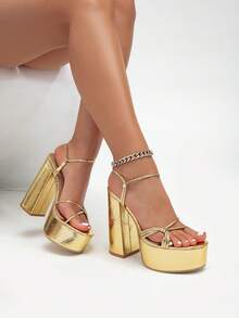女士新款夏季百搭约会之夜性感夜店风金色绑带组合厚底超高跟凉鞋 - 金色 - 查看 1