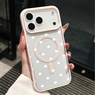 1个粉色波点图案亚克力磁吸手机壳，不泛黄，大摄像头孔，TPU软边硬壳，适用于 17 Air/16 Pro Max/16 Pro/16 Plus/16/15/14/13/12/11/XS Max/XS/XR/7/8