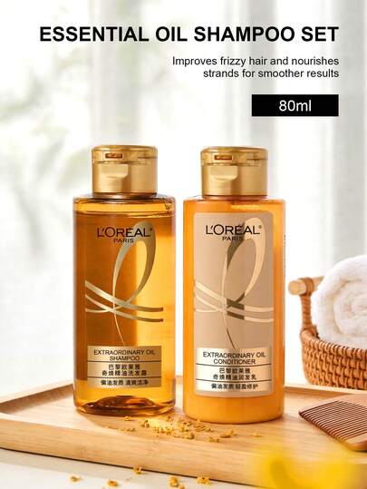 L'Oreal Travel-Size Shampoo80ml+Conditioner80ml. Miracle Smoothing Combo. Improves Frizz. Adds Volume. Creates A Fuller, More Lifted Crown. Oil-Controlling And Refreshing.