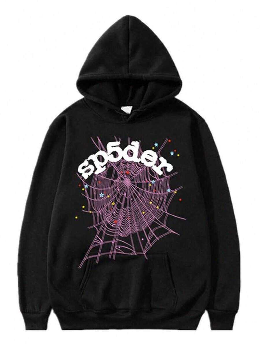 Graphic Hoodie Spider Print Drawstring Pullover Autumn Y2K Long Sleeve Sweatshirt Streetwear - 黑色 - 查看 1