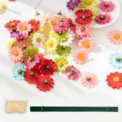 [Limited Quantity]159pcs Fabric Daisy Flowers Set – Assorted Colors Flower Heads With 20pcs Stems & 1 Ribbon – Wedding Decor, Wreaths, Scrapbooking, Party Crafts – High Quality