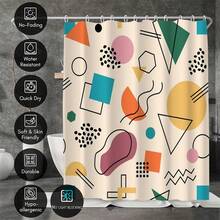 1pc Geometric Line Art Spring Style Shower Curtain, Modern Painting-Like Design, Unique Home Gift, Gift For Friends, Machine Washable, All-Season Use, Bathroom Decor - Multicolor - View 2