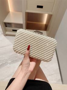 女士仿珍珠装饰盒形链条单肩包 - 米色 - 查看 2