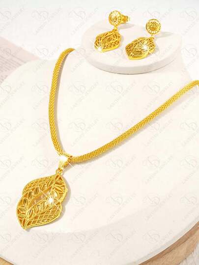 Bộ trang sức 2 món mạ vàng đồng thời trang, gồm bông tai hình lá tối giản và dây chuyền sang trọng, quà tặng dự tiệc/kỷ niệm/ngày lễ, trang sức thanh lịch đeo hàng ngày dành cho phụ nữ.