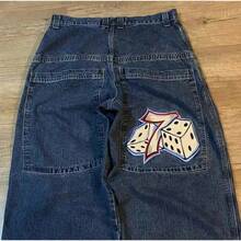 Men Men Retro Gothic High Waist Jeans Y2k Baggy Black Harajuku Hop Pattern Embroidered Blue Pants Wide Leg Jeans - 1 - 查看 5