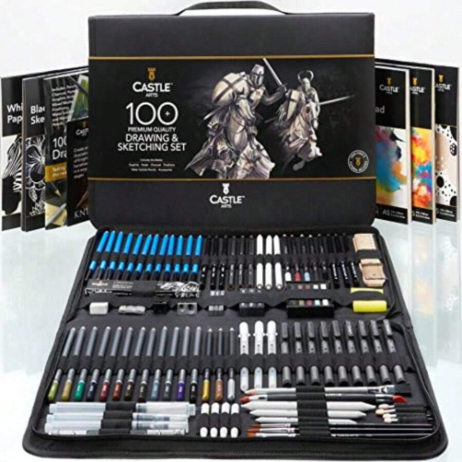 100 piezas Juego de dibujo y boceto Lápices de grafito, carboncillo, pastel, metálicos + talla grande para artistas profesionales y adultos - Carbón Grafito Metálico - Ver 1