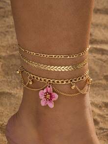 3pcs Set Of Elegant Vintage Luxury Handmade Gradient Tie Dye Pink Eggplant Flower Tassel Anklets - Pink - View 1