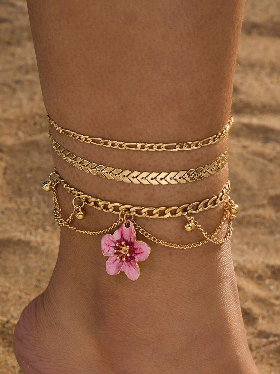 3pcs Set Of Elegant Vintage Luxury Handmade Gradient Tie Dye Pink Eggplant Flower Tassel Anklets - Pink - View 1