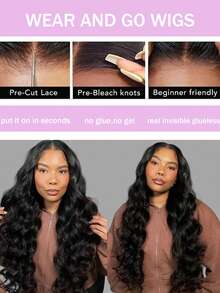 Tóc giả gợn sóng tự nhiên, chất liệu tóc thật, kiểu 4x4, không cần keo dán, mật độ tóc 180%, dễ đội, màu đen tự nhiên, thích hợp sử dụng hàng ngày và dự tiệc. - Natural Black - Xem 5