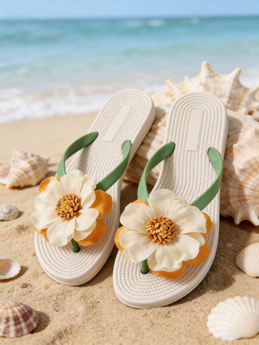 Women's Green Flip Flops, Women's Summer Sandals, Women's New Sunflower Flip Flops, Elegant Women's Sandals, Women's Flat Sandals, Women's Beach Slippers, Women's Slippers, Lightweight Soft-Soled, Holiday Sandals, Beach Sandals, New Women's Shoes, Slides, Summer Sandals, Sandals, Flip Flops, Holiday Shoes, Casual Comfortable, Minimalist Fashion Flat, Women's Slippers - Green - View 1