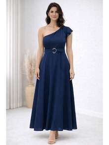 Elegant One-Shoulder Viscose Linen Long Dress For Parties - Navy Blue - View 1