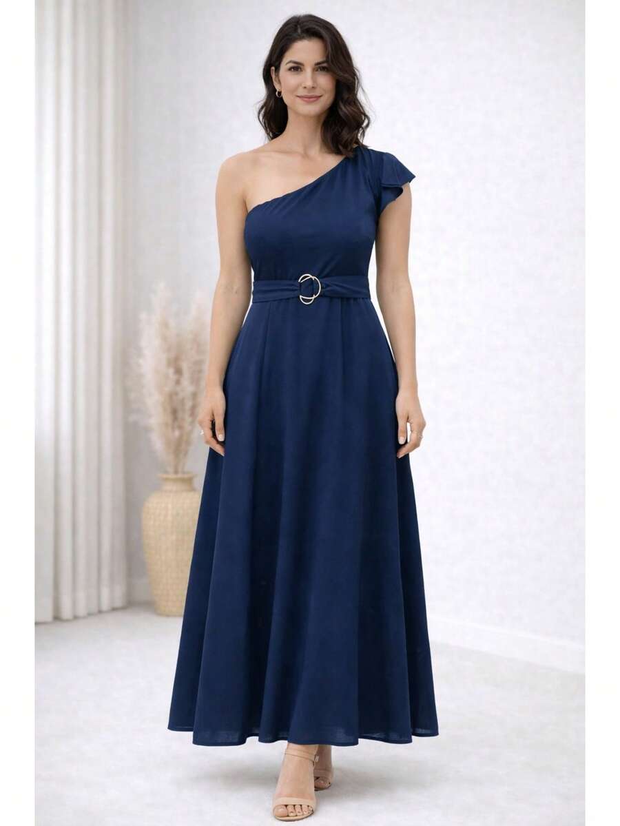 Elegant One-Shoulder Viscose Linen Long Dress For Parties - Navy Blue - View 1