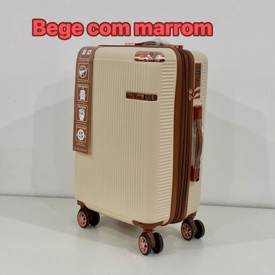 Carry-On Suitcase 10kg 360 Wheels Handbag Travel - Beige With Brown - View 1