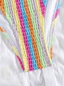 新款热销春夏豹纹波点荷叶边比基尼套装，时尚性感挂脖两件式泳衣，适合海滩派对，性感吊带欧美风女士比基尼泳装 - 豎桔綠粉紅黃紅藍彩虹 - 查看 5