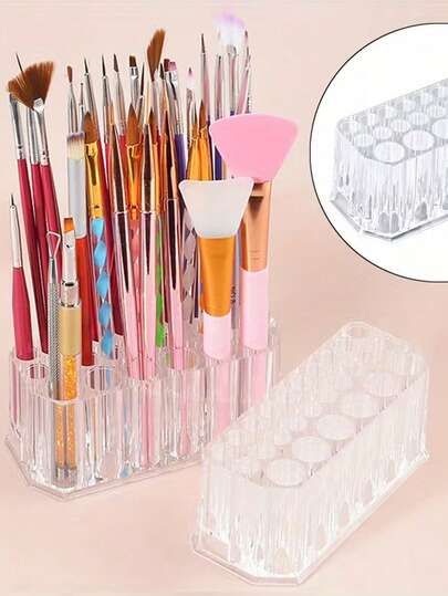 1 Box 26-Hole Acrylic Nail Art Display Stand - 26-Hole Compact Desktop Storage Organizer | Minimalist Design, Transparent Texture, Makeup Brush Storage | Suitable For Nail Art Enthusiasts, Makeup Artists [Acrylic Nail Stand]