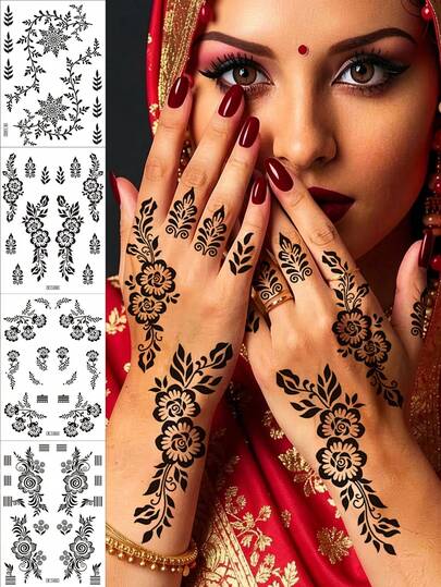 4件套，纹身贴纸，植物花卉藤蔓元素，半永久纹身，假纹身，手部纹身，假纹身，临时纹身，纹身用品，纹身套装，纹身贴纸，防水持久纹身，女士纹身，背部纹身，手臂纹身，腿部纹身，节日，锐舞派对