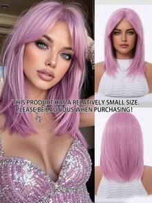 五星级14英寸优雅中长直发薰衣草色假发，带刘海 - 玫瑰网帽，耐热合成纤维，女士假发，适合日常、派对、角色扮演、万圣节和其他场合 - 紫丁香色 - 查看 3