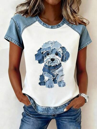 Blusa floral y de mezclilla con estampado de cachorro para mujer, para playa de verano para mujer, blusas casuales para mujer, camiseta de manga corta y cuello redondo casual blanca para mujer