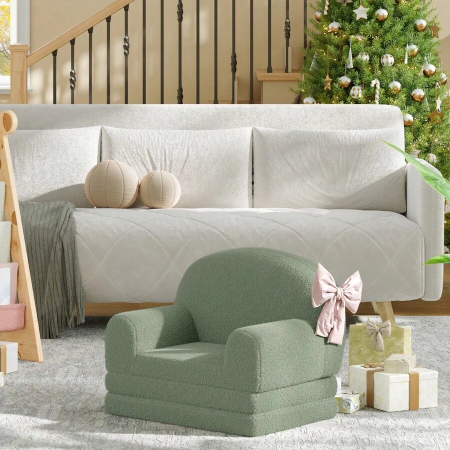 Sofá infantil 2 en 1 convertible - Sillón y cama plegable de espuma - Tela suave sherpa - Ideal para sala de juegos, guardería y regalo - Diseño media luz - Verde - Ver 1