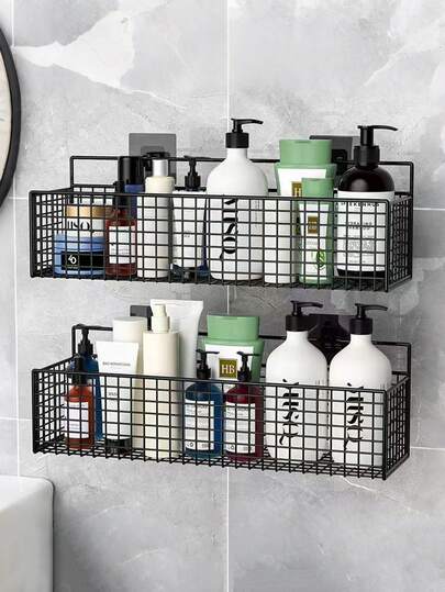 1个黑色壁挂式浴室置物架，化妆品挂架，淋浴墙架，多功能浴室厨房收纳整理架，适用于洗发水、香皂、化妆品和厨房用品，免打孔自粘设计
