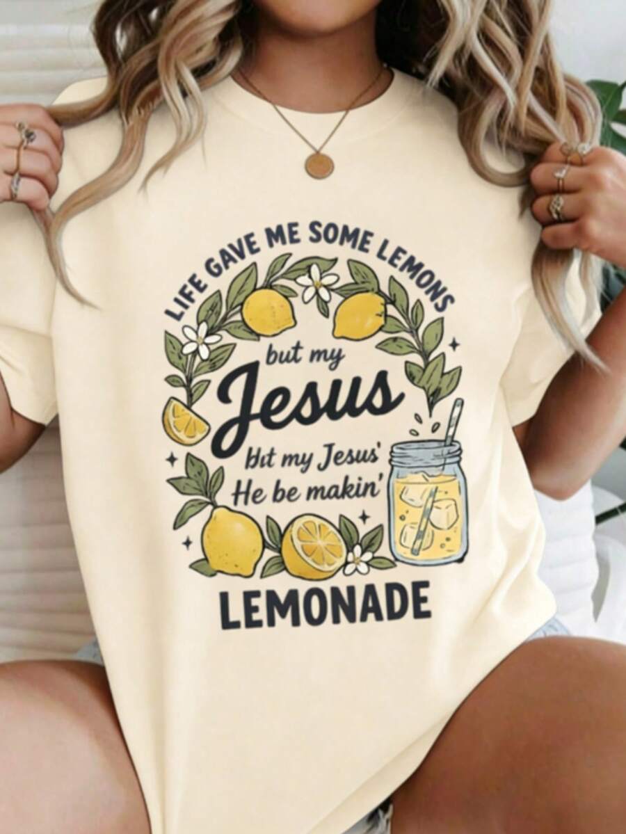 LIFE GAVE ME SOME LEMONS BUT MY JESUS HE BE MAKIN' LEMONADE Graphic Black T - Shirt, Casual Crew Neck Short Sleeve Tee With Lemon & Mason Jar Illustration, Soft Breathable Cotton T - Shirt For Daily Wear, Cozy & Stylish Summer Top - 杏色 - 查看 1