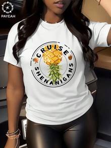 T-shirt humoristique Payeah 1 pièce avec imprimé numérique ananas à l'envers pour femme, 100 % coton, manches courtes, 220 g - Blanc - Voir 1