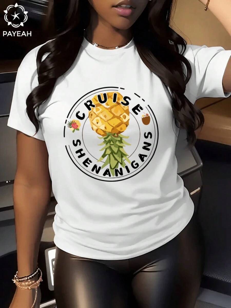 T-shirt humoristique Payeah 1 pièce avec imprimé numérique ananas à l'envers pour femme, 100 % coton, manches courtes, 220 g - Blanc - Voir 1