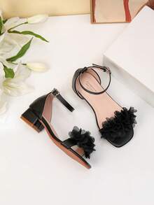 Summer Square Toe Square Heel Floral Decor Sandals, Girls High Heel Dance Shoes, Student Performance & Daily Activity Sandals - Black - View 7