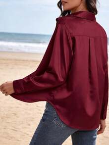Spring Satin Notch Lapel Blouse Women Business Casual Button Down Shirt Office Work Blouses For Women Dressy Cute Going Out Tops 2026 Fashion Clothes - 酒紅色 - 查看 5