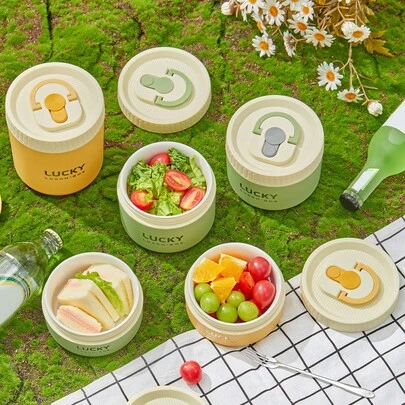 Double-Layer Insulated Ceramic Inner Lunch Box,Portable Thermal Bento Box With Lid & Handle, Microwave Allowable, Hot Water Heated Allowable, Sealed Leak-Proof Fruit Salad Food Container, Round Lunch Container Suitable For Students And Adults To Use In School, Office, Outdoor Picnics