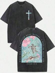 2026 Summer Clothes(230g T-Shirt) Loose Washed Cotton "When You Go Through Deep Waters" Turtle Graphic T-Shirt, Comfortable Christian Faith Tee With Bible Verse, Breathable Retro Streetwear - Gift ChoiceLoose And Comfortablesummer Tops - Black - View 6