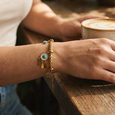 1 pieza Brazalete vintage de acero inoxidable chapado en oro de 18K con ojo malvado exótico retro para mujeres, colgante atrapasueños, diseño único, brazalete minimalista de moda casual