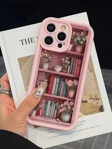 Book 1pc New Creative Bookshelf, Book Holding Sunflower Pattern Soft Phone Case, Thick, Full Coverage, Camera Hole, Compatible With Iphone 17 Air/17 Pro Max/17/16 Plus/15/14/13/12/11/XS Max/XR/7/8 - Light Pink - View 4