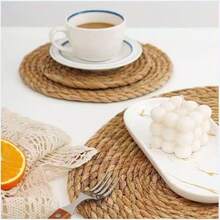 4/6pcs Natural Water Hyacinth Woven Placemats - Handmade Rattan Round Coasters, Rustic Style Wicker Insulation Mats For Dining Table, Home Decor, Wedding, Picnic, Holiday Celebration; Handcrafted - Brown - View 1