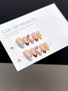 10片纯手工制作的按压式美甲贴片，短款杏仁形，复古简约风格。指甲以手绘裸色底色为底，搭配复古多色波点法式美甲图案，颜色包括酒红色、浅蓝色、黄色等，并点缀以玻璃珠猫眼效果。 - 彩色 - 查看 2