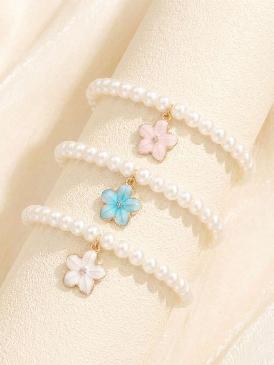 1件/3件装精致合金粉色、白色、蓝色五瓣花装饰吊坠手链饰品,派对装饰,节日和海滩风格珠宝配饰 - 彩色 - 查看 1