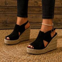 Velvet Fashion Button Closure Backstrap Lightweight Jute Rope Wedge Shoes For Women - Black - View 10