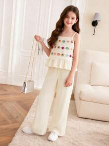 2pcs Girls Casual Solid Color Sleeveless Top With Ruffle Trim And Solid Color Pants Set, Spring/Summer - Apricot - View 3