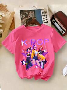 2pcs/Set Tween Girls Casual Y2K Style Fashion K-POP Short Sleeve T-Shirt And Leggings Set, Suitable For Spring/Summer, Back To School, Outdoor/Home/Travel Outfit - Hot Pink - View 3